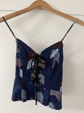 Free People Navy Patchwork Lace-Up Spaghetti Strap Cami